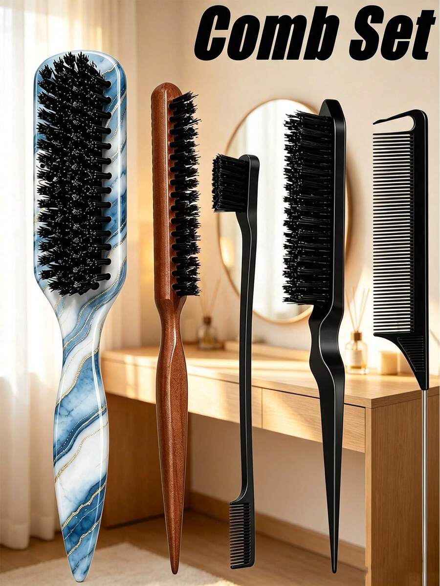 4/1 Hair Comb Set/Beard Brush Plastic Hair Brush Styling Comb Unscented Cleaning Brush Smooth Back Comb With Wide Pointed Tail Back Comb And Detangling Comb Smooth Frizz And Flyaways Create Voluminous Style Ponytail Easy Parting Suitable For Men And Women Recommended As Christmas Gift - Multicolor - View 1