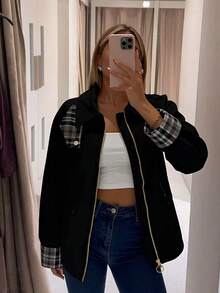 Women's Spring/Autumn/Winter Patchwork Plaid Jacket With Practical Pockets, Ideal For Cold Weather City Commute - Black - View 6