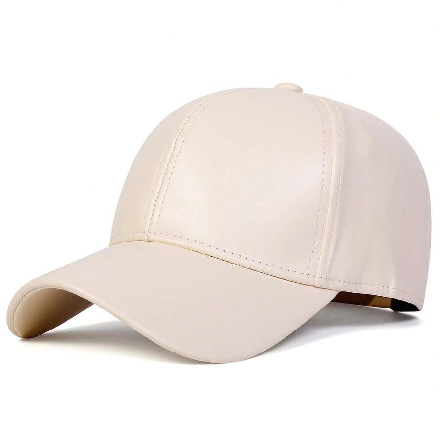 1pc Men's PU Leather Baseball Cap, Solid Color Adjustable Sun Protection Casual Hat, Suitable For Spring/Autumn Travel, Beach, Party - Beige - View 1
