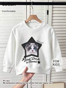 Tween Girl Crew Neck Sweatshirt, Star Frame Cat Portrait Text Printed Cotton Pullover, Soft Casual Long Sleeve Top - White - View 1