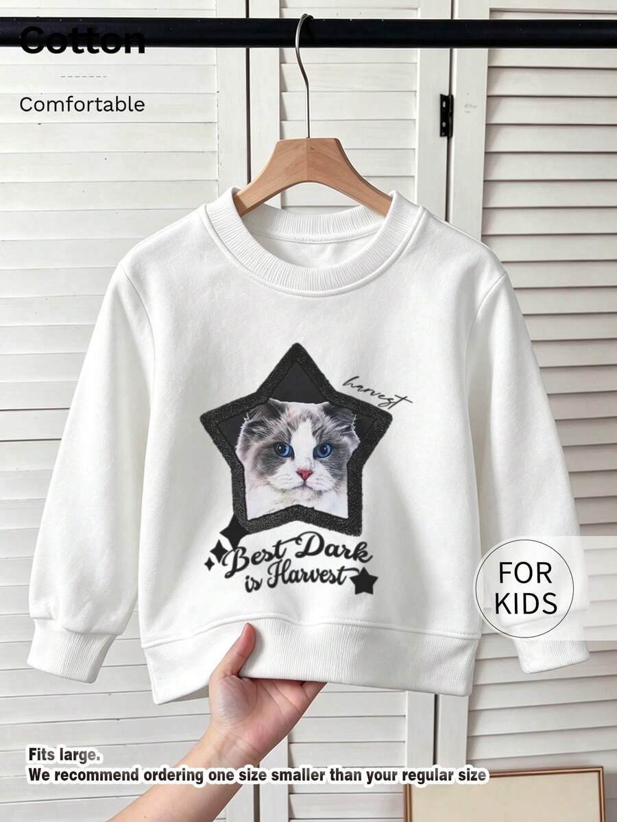 Tween Girl Crew Neck Sweatshirt, Star Frame Cat Portrait Text Printed Cotton Pullover, Soft Casual Long Sleeve Top - White - View 1