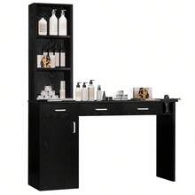 Salon Station With Storage Cabinet And Shelves, Hair Styling Workstation For Beauty Salon And Barber Shop, Black/ White/ Pink - Black - View 8