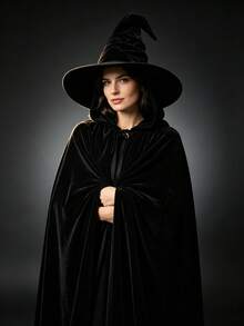 Halloween Black Velvet Witch Hat With Hood And Long Cape Set, Party Cosplay And Dark Wizard Costume Accessories - Black - View 6