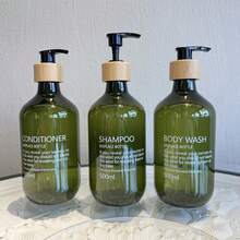 3pcs 500ml, 16.9oz Natural Bamboo Pump Plastic Dispenser Bottles, Suitable For Shampoo, Conditioner And Body Wash - Green - View 5