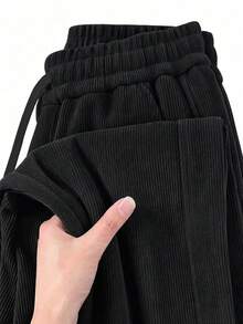 1pc Men's Corduroy Drawstring Waist Wide Leg Casual Sports Pants, Suitable For Outdoor Activities - Black - View 1