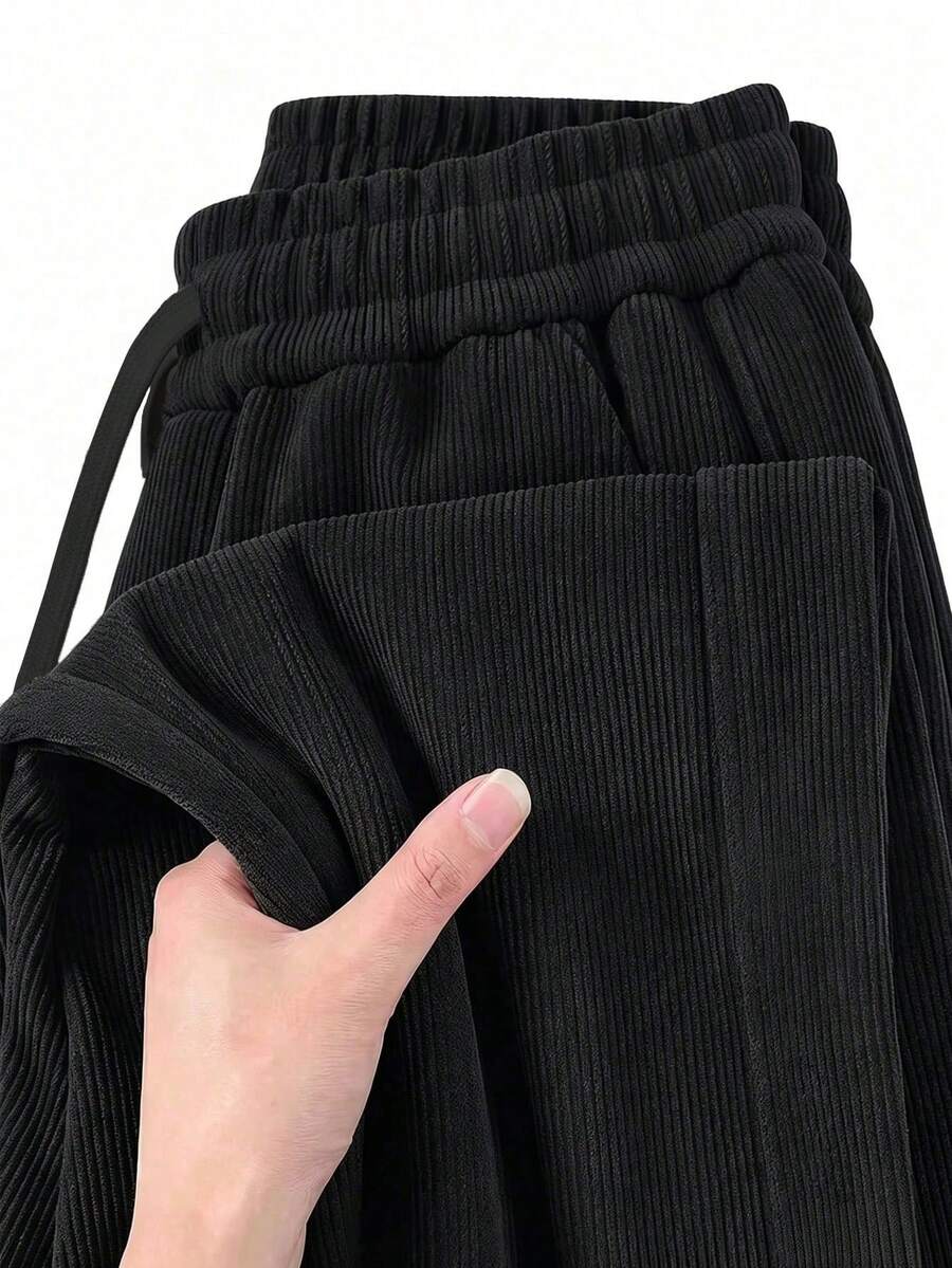 1pc Men's Corduroy Drawstring Waist Wide Leg Casual Sports Pants, Suitable For Outdoor Activities - Black - View 1