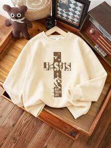 Men's Teen Fashion Creative Minimalist Letter Print Crew Neck Sweatshirt + Cargo Pants Long Pants, Autumn/Winter Daily 2-Piece Set. - Apricot - View 3