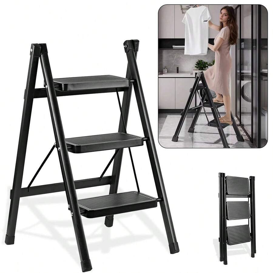 3 Step Folding Metal Ladder, Heavy‑Duty Lightweight Step Stool, Non‑Slip Portable Ladder For Indoor Home And Outdoor DIY Work Use - 3-tier Black - View 1