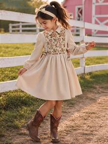 Tween Girls Tween Girl Long Sleeve Dress, Autumn/Winter, Apricot Floral Embroidered Fabric Patchwork Faux Two Pieces Design, Back Waist A-Line Bow, Cute Pastoral Casual Vacation Street Daily Outfit - Multicolor - View 8