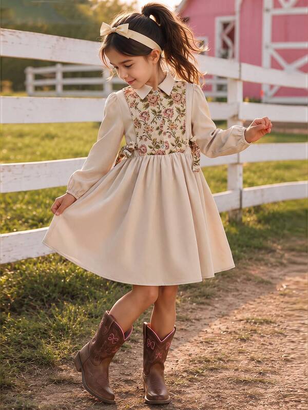 Big Girls Autumn/Winter Apricot Floral Embroidered Fabric Patchwork 2-In-1 Design Back Waist A-Line Bow Cute Pastoral Style Casual Vacation Street Daily Long Sleeve Dress