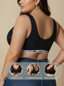 1pc Plus Size Front Closure Sexy Lace Patchwork Curve Wireless Comfortable Bra - Black - View 5