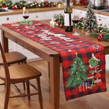 The Grinch The 1Pc Merry Grinchmas Table Runner, Red Buffalo Plaid Christmas Table Decor, Cartoon Print Tablecloth Runner, Holiday Party Tabletop Decoration For Home Kitchen - Multi-color - View 4