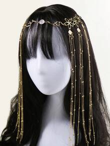 1件金色珠飾流蘇髮鏈，適合女性婚禮、海灘、度假，金色髮飾，金色飾品，夏季配件，海灘必備 - 彩色 - 查看 9