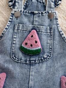 Autumn/Winter Baby Girl Pink & White Striped Bubble Texture Long Sleeve Inner Shirt & 3D Towel Embroidery Watermelon & Washed Denim Wide Leg Overalls 2 Pieces Set - Pink - View 10