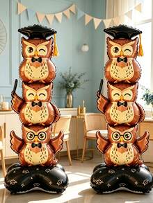 3pcs Vertical Cartoon Style Layered Foil Balloons, Owl Shape, Large Floor Standing Decoration Balloons, Suitable For Graduation Ceremony, Graduation Party, Classroom Decoration And Campus Celebration - Owl-shaped Upright Aluminum Foil Balloon - View 1