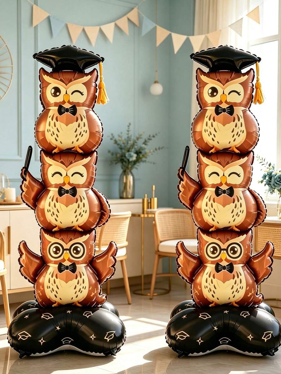 3pcs Vertical Cartoon Style Layered Foil Balloons, Owl Shape, Large Floor Standing Decoration Balloons, Suitable For Graduation Ceremony, Graduation Party, Classroom Decoration And Campus Celebration - Owl-shaped Upright Aluminum Foil Balloon - View 1
