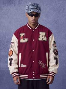 Men's Colorblock Patchwork Letter Embroidery Baseball Jacket, Autumn, Casual, Graduation, Back To School, Letter Varsity Jacket - Hot Pink - View 7