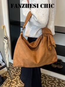 Tote Bag, Minimalist Aesthetic Crossbody Hobo Bag With Side Bow Accessory, Contrast Color Metal Rivet Buckle, Detachable Shoulder Strap, Soft Slouchy Lazy Silhouette, Zipper Closure, Women's Student Campus Commute Handbag Shoulder Large Bag - Brown - View 7