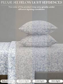 4-Piece/Set Minimalist Light Green Floral Pattern Bedding Set, Easy Care Soft Bedding Set, Floral Pattern Fitted Sheet Set (1 Flat Sheet + 1 Fitted Sheet + 2 Pillowcases), Fitted Sheet Set, Extra Large, Large, Standard Double, Twin Sizes, Deep Pocket Design, Pillowcases Up To 11.8 Inches, Soft And Breathable, Wrinkle-Resistant - Blue and White - View 6
