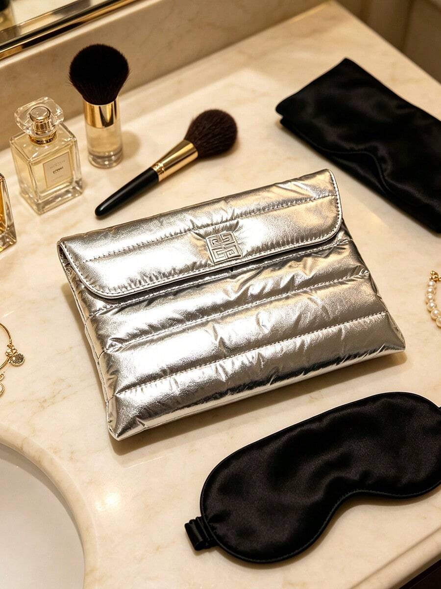 Givenchy Silver Puffy Envelope‑Style Cosmetic Pouch With Metal 4‑G Logo, Portable And Durable, Travel‑Friendly Makeup Storage Bag, For Personal Use And Gift Giving, GIVENCHY‑GIFT‑29 - Silver - View 1