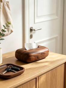 1pc Walnut Wood Tissue Box, Magnetic Closure Decorative Tissue Box, Minimalist Rectangular Napkin Dispenser For Living Room Bedroom Office Home Desktop Organizer Decor - Multicolor - View 6