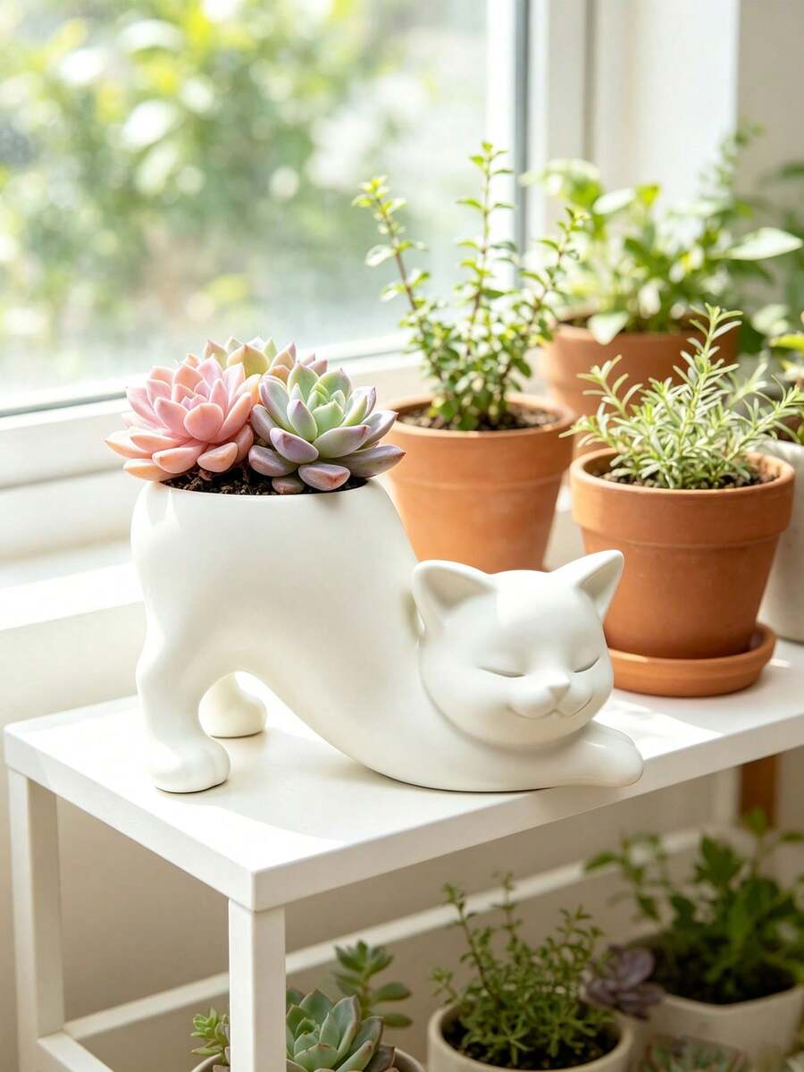 Unique Tail-Less Cat Planter, Cute Indoor Succulent Pot, Animal Theme Home Decor Planter, Creative Bonsai Pot - Ideal Gift; Charming Decoration For Office Desk, Room And Home - Multicolor - View 1