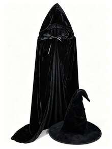 Halloween Black Velvet Witch Hat With Hood And Long Cape Set, Party Cosplay And Dark Wizard Costume Accessories - Black - View 2