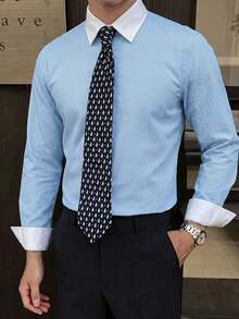 WAIT HIM Men's Business Casual Plaid Colorblock Long Sleeve Dress Shirt - Blue and White - View 3