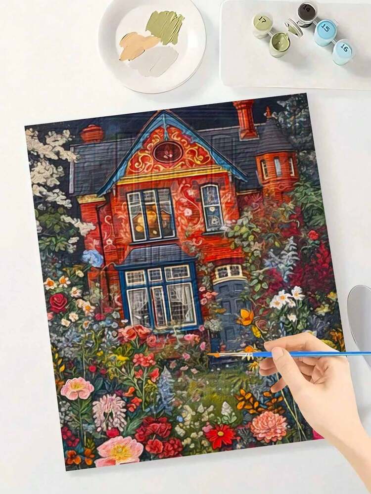 1套數位油畫DIY套裝，花卉滿開房屋主題油畫，成人手繪，適合禮品與居家牆面裝飾 - A - 查看 2