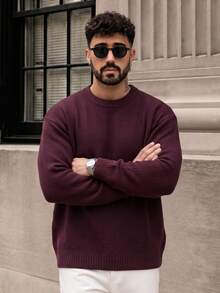 Lookun ANDREILEE Sweater Rajut Pendek Lengan Panjang Leher Bulat Kasual Serbaguna Bahu Jatuh untuk Pria, Cocok untuk Musim Semi, Gugur, dan Musim Dingin - Burgundy - View 1