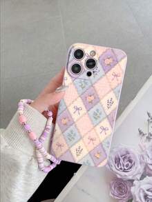 1pc Purple TPU Macaron Square Bow & Floral Print INS Pattern Anti-Drop Full Coverage Phone Case And 1pc Pink Purple Heart Soft Clay Phone Lanyard, Suitable For Versatile Phone Case/Lanyard Phone Case/Fun Phone Case/Android Phone Case, For Galaxy S26 S25 S24 S23 S22 S21 S20 Plus Ultra FE Case - Multicolor - View 1