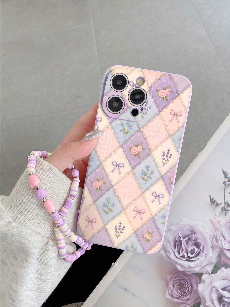 1pc Purple TPU Macaron Square Bow & Floral Print INS Pattern Anti-Drop Full Coverage Phone Case And 1pc Pink Purple Heart Soft Clay Phone Lanyard, Suitable For Versatile Phone Case/Lanyard Phone Case/Fun Phone Case/Android Phone Case, For Galaxy S26 S25 S24 S23 S22 S21 S20 Plus Ultra FE Case - Multicolor - View 1