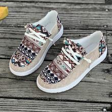 Women's Vintage Western Random Print Canvas Shoes, Spring/Autumn New Style, American Casual Slip-On Slouchy Shoes, Versatile Flat Loafers - Khaki - View 2
