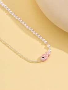 1pc Bohemian Fun Ceramic Fish Woven Transparent Rice Bead Faux Pearl Beaded Necklace For Women, Suitable For Beach Vacation And Daily Wear, Special Birthday Gift (Fish Is Ceramic Material, Size And Shape Random) - Pink - View 3