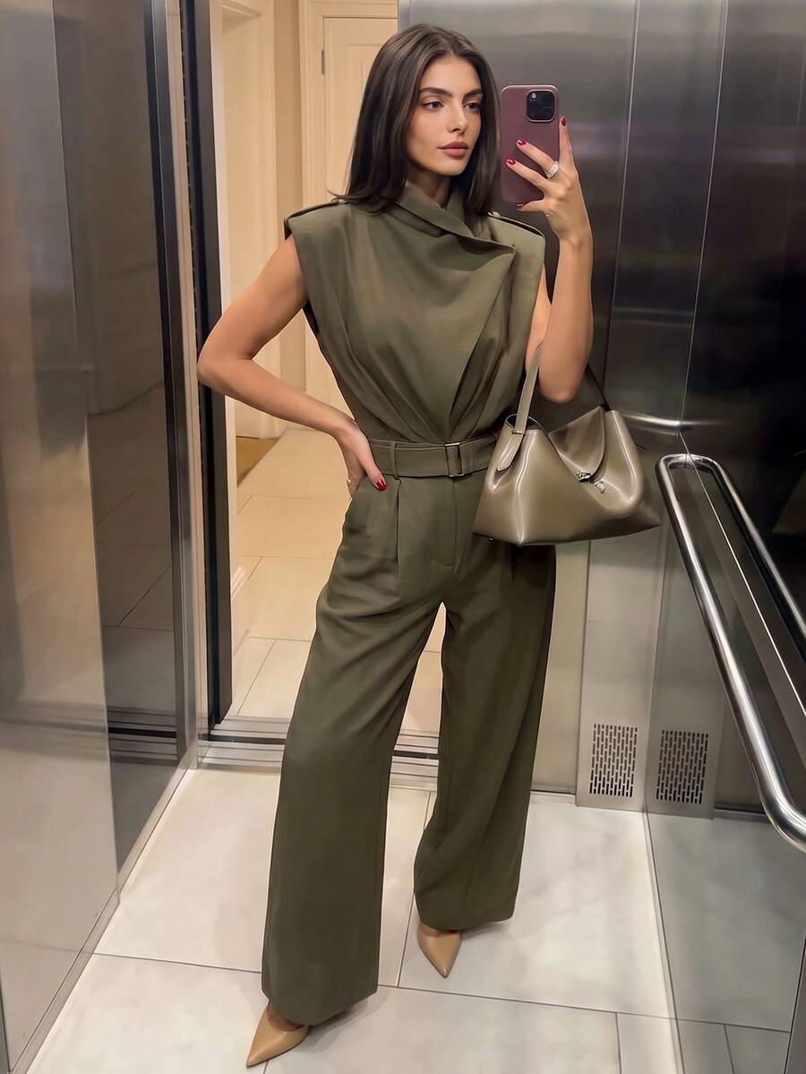 女款橄欖綠無袖高腰連身褲,收腰寬腿工裝吊帶褲,優雅通勤風夏季款 - 軍綠色 - 查看 1