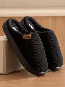 Multi-Color Unisex Fleece-Lined Slippers For Autumn/Winter, Solid Color Warm Plush Lining Home Slippers, Comfortable Sole, Slip-On Slouchy Person Home Essential, Minimalist Striped Solid Color Indoor Non-Slip Thick Sole Warm Slippers - Black - View 3