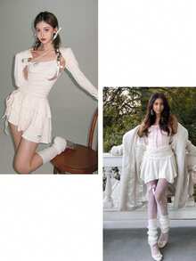 1 Pair Black/2 Pairs Black & White Fashionable Women's Ruffle Loose Leg Warmers, Comfortable & Warm, Suitable For Autumn/Winter - Multicolor - View 10