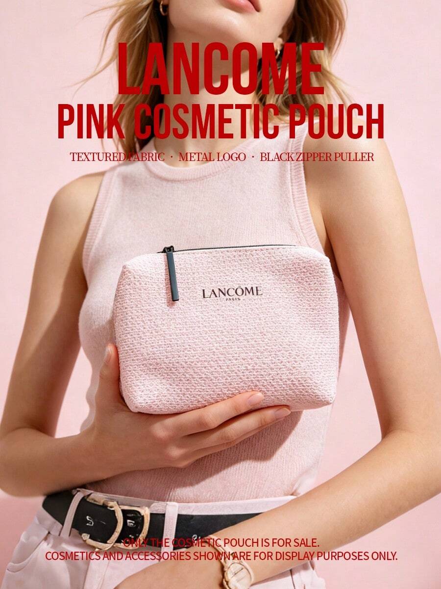 Limited Edition Lancôme Soft Knit Woven Small Toiletry Bag, Flat Trapezoid Wide Opening Portable Makeup & Skincare Storage Organizer Bag LANCOME-GIFT-18 - Baby Pink - View 1