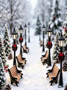 Mini Christmas Street Light & Park Bench Set, Holiday Use, Vintage Black Floral Lamp & Mini Wooden Bench, Winter Miniature Landscape 3D Decoration, Suitable For Christmas Tabletop Fairy Garden Decor - Multiple Styles - View 3
