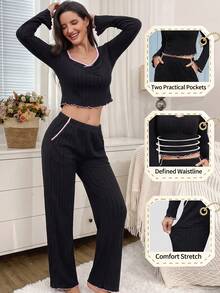 Women's Spring/Autumn/Winter Solid Color Ribbed Fashion Ruffle Trim Sweet Bow Sweetheart Collar Raglan Long Sleeve Casual Dual Pocket Pants Comfortable Loungewear 2-Piece Set - Black - View 9
