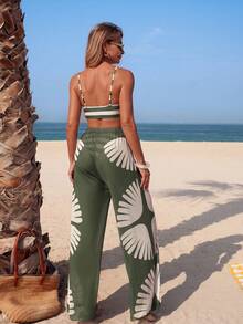 HaiiMeid 3pcs Bohemian Style Women's Bikini Set, Includes Wide Leg Pants And Abstract Leaf Print Fashion Swimsuit, Suitable For Vacation - Multicolor - View 7