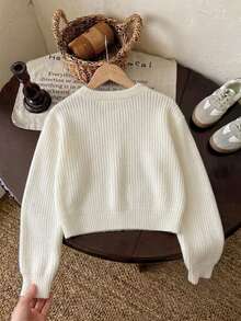 Girls' Cute Solid Color Heart Embroidered Short Sweater, Long Sleeve Knit Pullover, Suitable For Casual Daily Wear In Spring, Autumn And Winter - Apricot - View 4