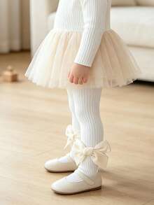 3 Pairs Girls' All-Season Tight Striped Tights With Bow Decoration, Children's Base Layer Tights Suitable For Girls' Autumn Daily Wear - Multicolor - View 5