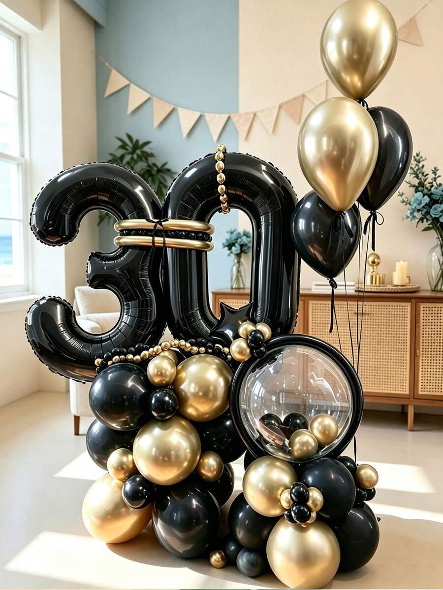 70 Black Foil Balloons With Number And Star Patterns, Includes Tape And Straws; Minimalist And Slightly Luxurious Decor, Perfect For Birthday Parties, Adult Celebrations And Photo Backdrops - View 1