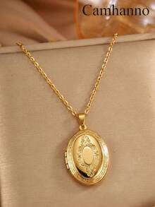 1pc Minimalist Openable Stainless Steel Patterned Photo Frame Pendant Necklace, Suitable As A Commemorative Gift For Loved Ones - Gold - View 5