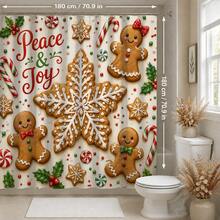 1pc/4pcs Christmas Snowflake Gingerbread Man Multi-Functional Bathroom Decor Shower Curtain Set, Free 12 Hooks, Premium Holiday Atmosphere, Bathroom Mat, U-Shaped Floor Mat And Round Toilet Lid Cover, Suitable For All Christmas Occasions - Snowflake Gingerbread Man - View 12