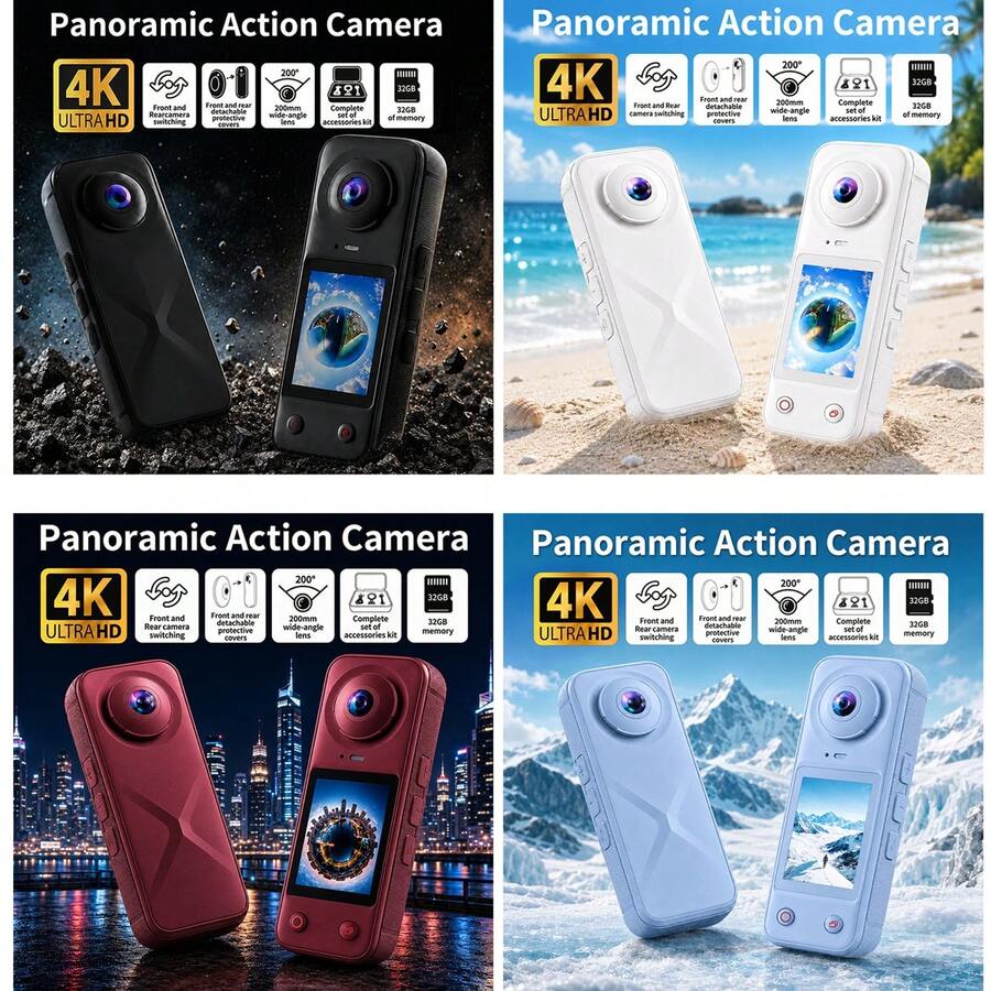 4K HD Panoramic Action Camera, 200° Ultra-Wide Angle Dual Front And Rear Lenses, Includes 32GB Memory Card And Full Accessory Kit, Suitable For Daily Vlog Shooting And Video Recording, Ideal Holiday Gift - View 1