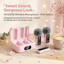 HITOZON Wireless Lavalier Lapel Microphone, 2 Mics With Charging Case, Noise Cancelling, LED Battery Indicator, Plug And Play Mic Compatible With IPhone, Android For Content Creators, Live Streaming & Video Recording - Pink - View 2