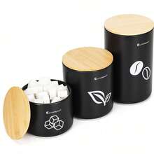 4-Piece Metal Bread Box Set With Bamboo Cutting Board Lid & 3 Kitchen Storage Canisters, Black - Black - View 3