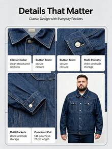 Men Denim Jacket Loose Plus Size Dark Blue Washed Button Front Lapel Collar Long Sleeve Coat With Chest Pockets Casual Spring Fall Outerwear - Navy Blue - View 5